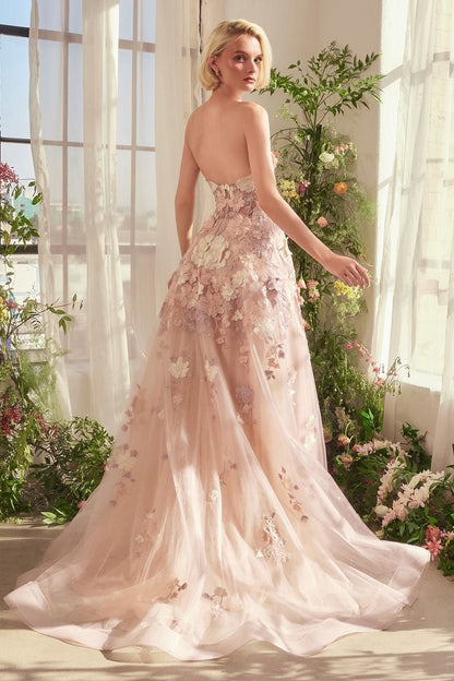 Mauve 3D Floral Embroidered Tulle Gown – Strapless Corset Prom & Garden Party Dress