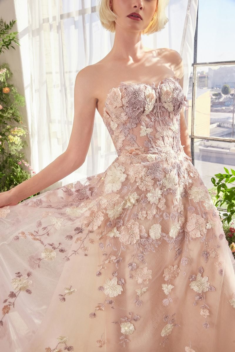 Mauve 3D Floral Embroidered Tulle Gown – Strapless Corset Prom & Garden Party Dress