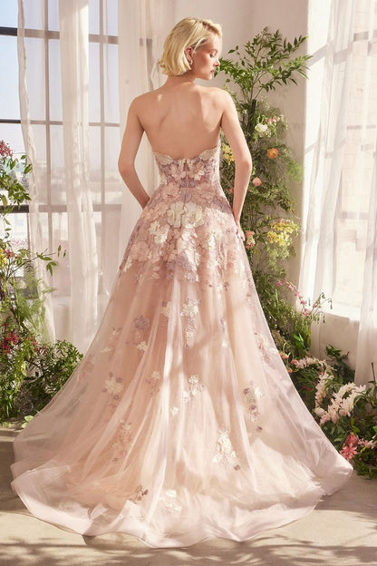 Mauve 3D Floral Embroidered Tulle Gown – Strapless Corset Prom & Garden Party Dress