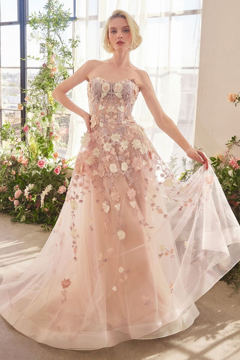 Mauve 3D Floral Embroidered Tulle Gown – Strapless Corset Prom & Garden Party Dress