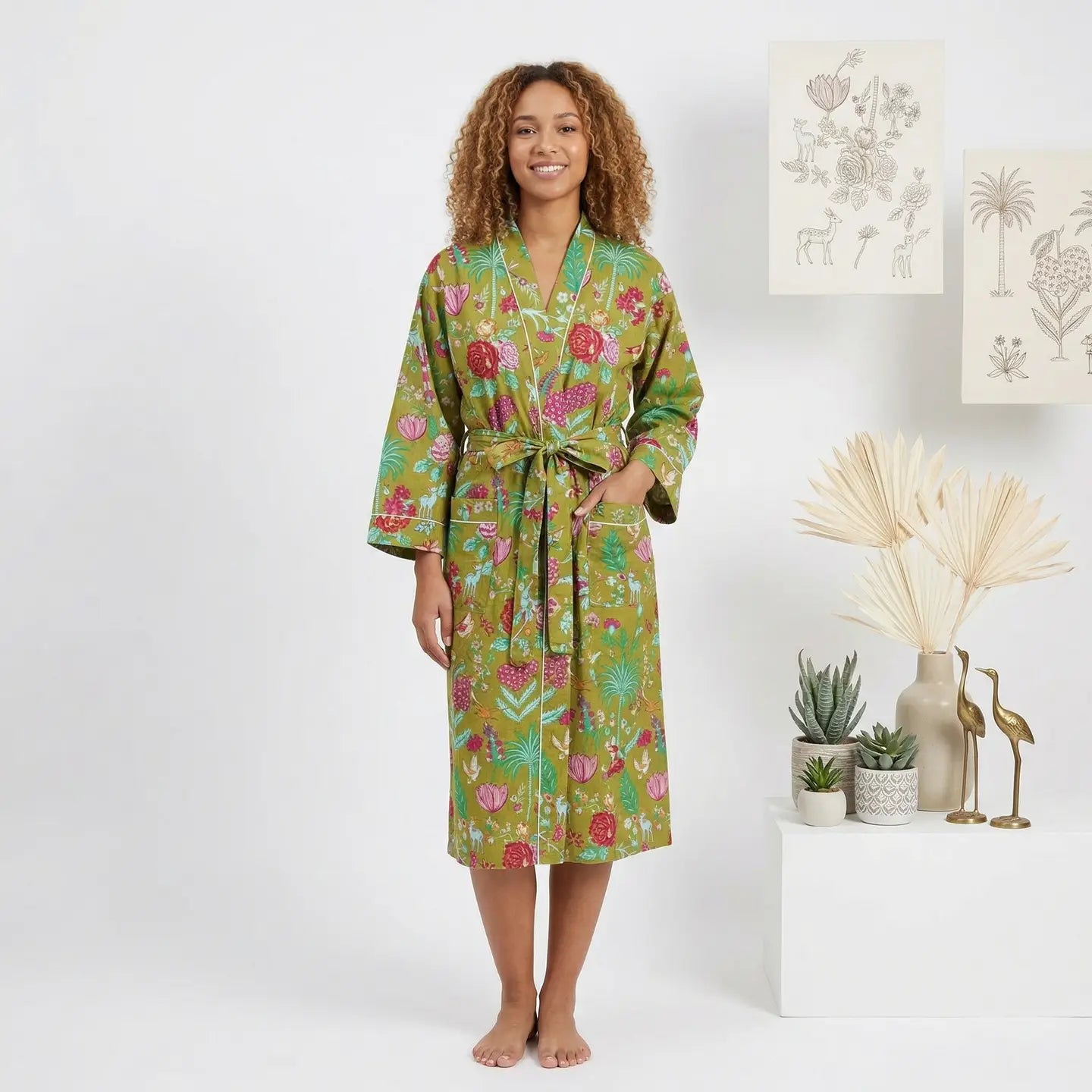 100% Cotton Green Block Printed Robe 