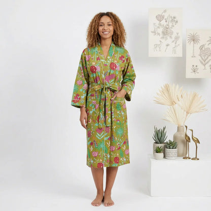 100% Cotton Green Block Printed Robe 
