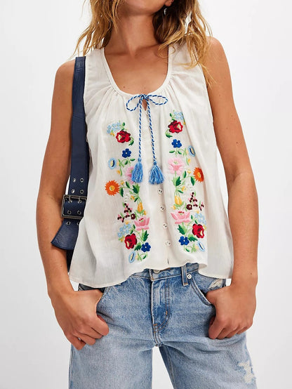 Boho Western Embroidered Floral Tassel Tie-Front Vest