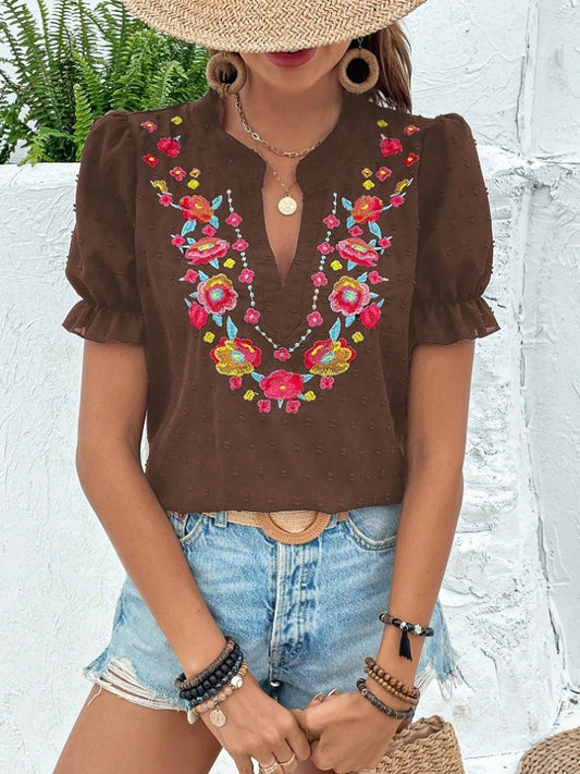 Boho Embroidered Floral Ruffle Top