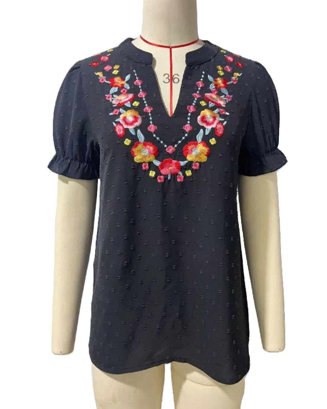Boho Embroidered Floral Ruffle Top