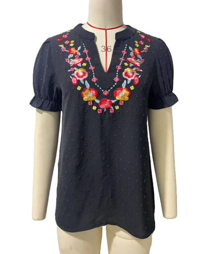 Boho Embroidered Floral Ruffle Top