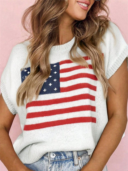 Knitted Cap Sleeve American Flag Top