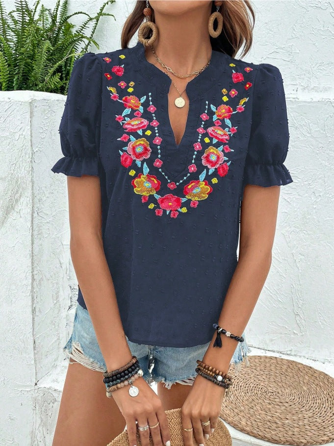 Boho Embroidered Floral Ruffle Top