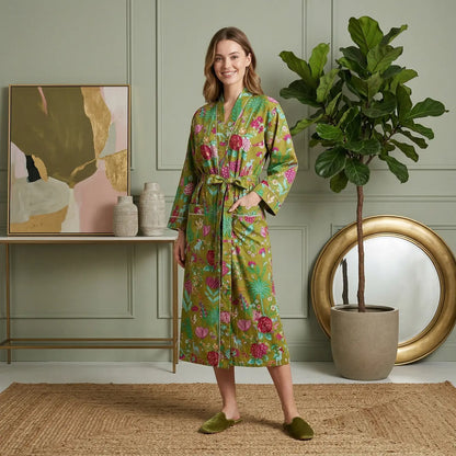100% Cotton Green Block Printed Robe 