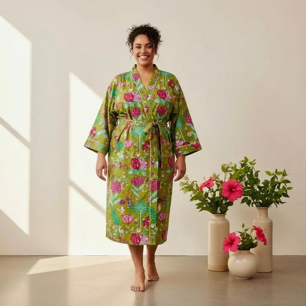 100% Cotton Green Block Printed Robe 