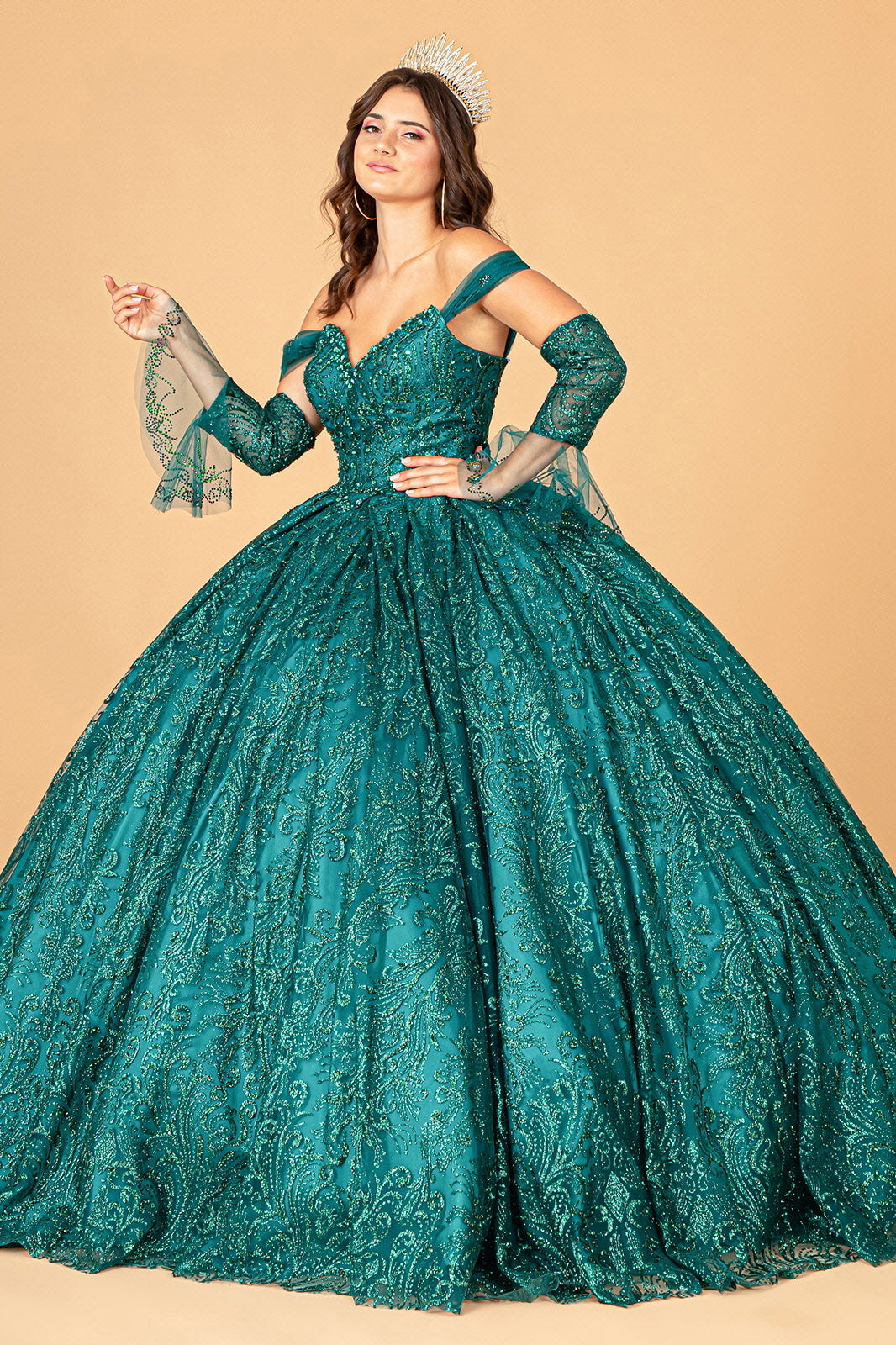Jewel Mesh w/ Mini Bag and Separate Long Sleeves Quinceanera Dress GLGL3073