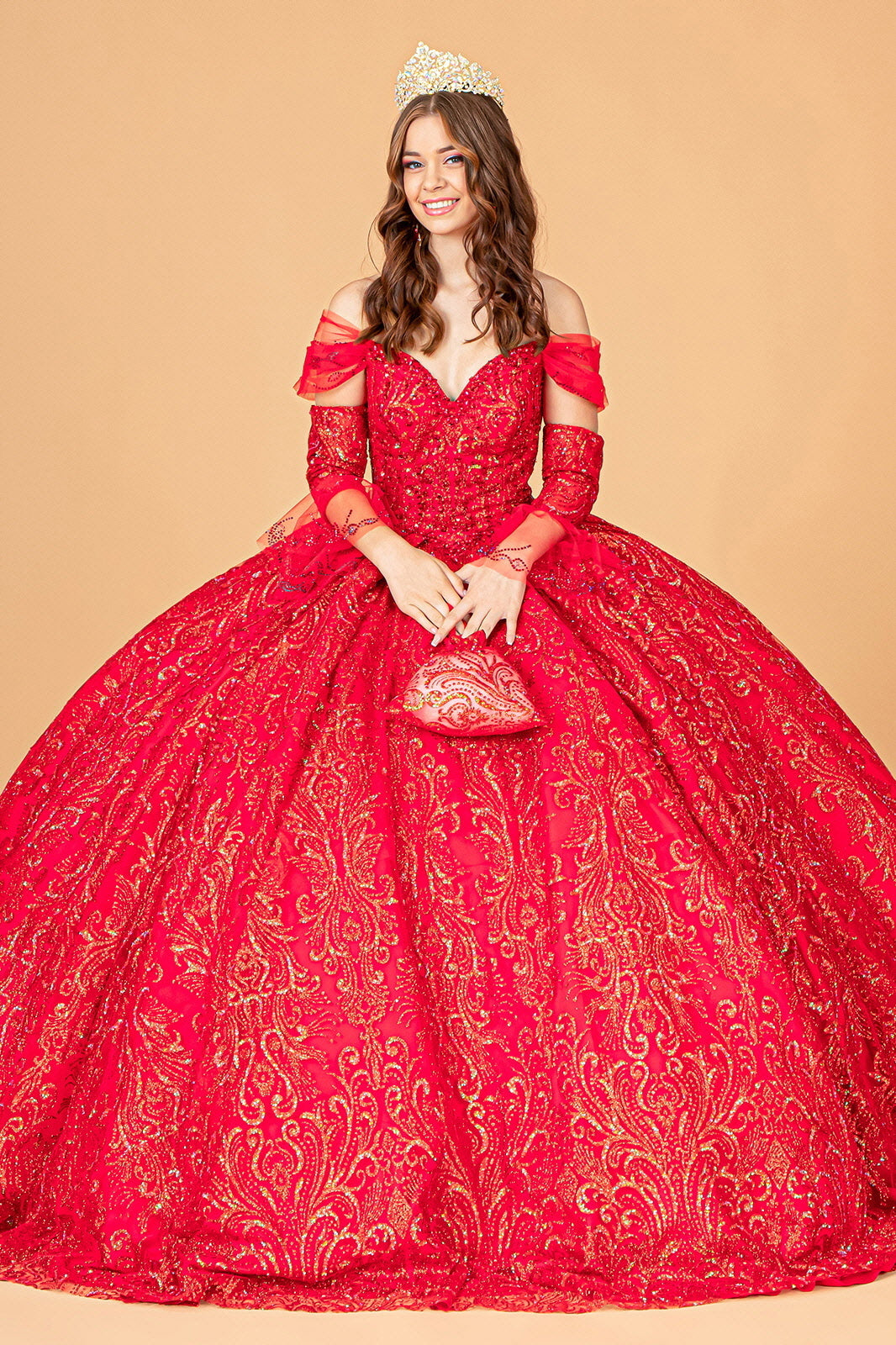 Jewel Mesh w/ Mini Bag and Separate Long Sleeves Quinceanera Dress GLGL3073